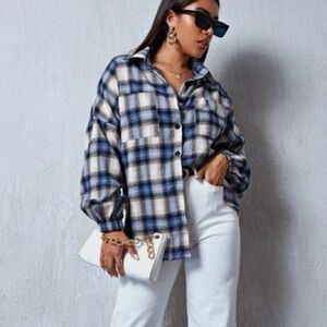SHEIN | Pocket Patched Drop Shoulder Tartan Over Shirt Size Medium